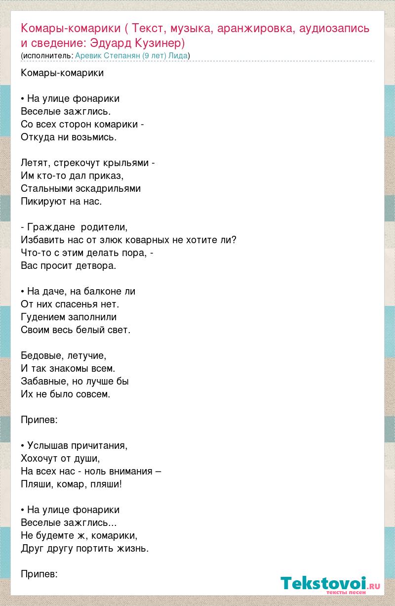 Текст песен фонари ночные. Песня про комарика текст. Комарики песня. Слова песни комары комарики. Песня про комара.